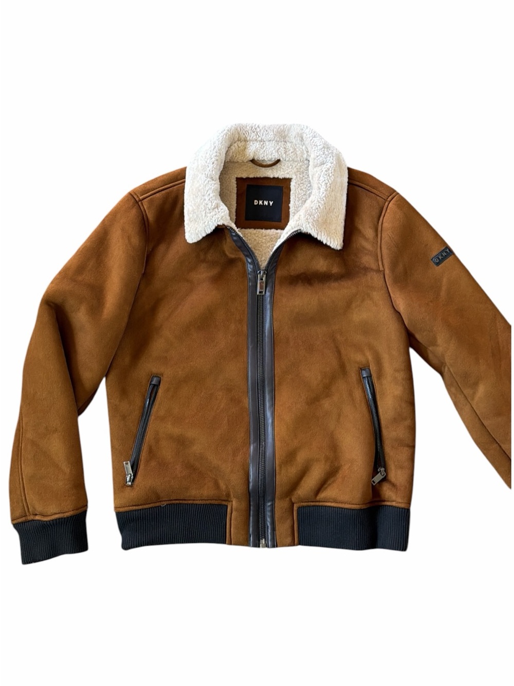 DKNY Tan Bomber Jacket with Cream Sherpa Collar